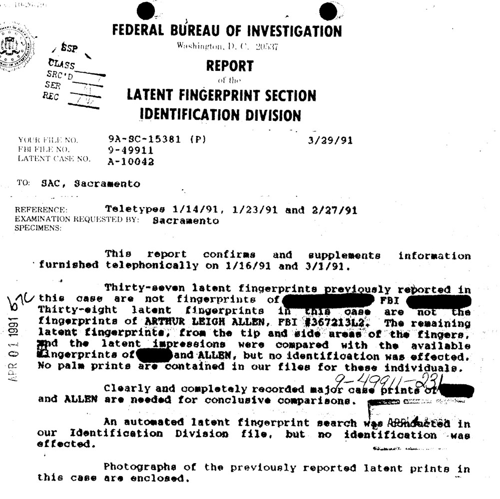 Zodiac fingerprints FBI Allen Kane
